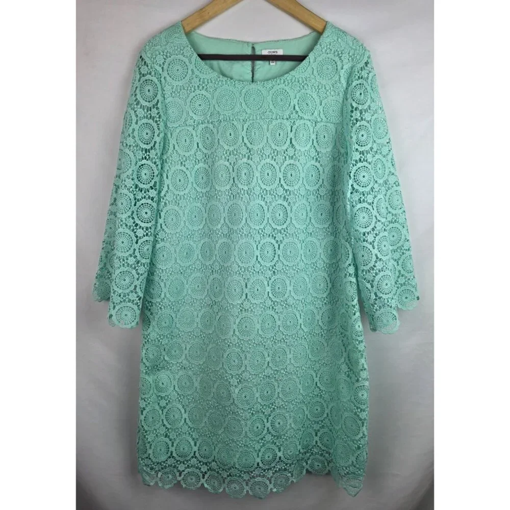 Crown & Ivy Women's Dress Size 16 Mint Green Lace Overlay Long Sleeve Dress